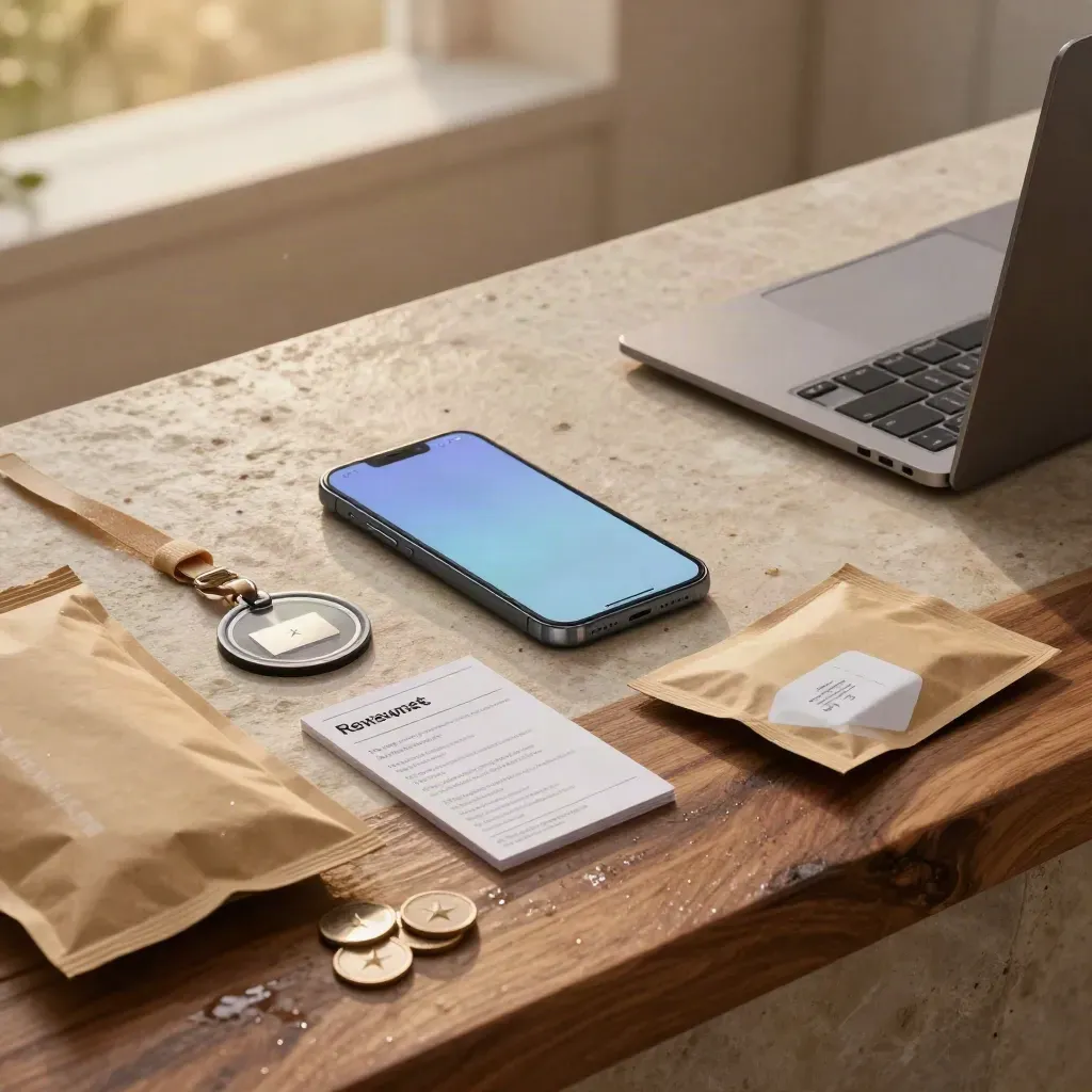 Shower-damp review station with glowing phone, laptop, mailers, trust badge and star tokens.