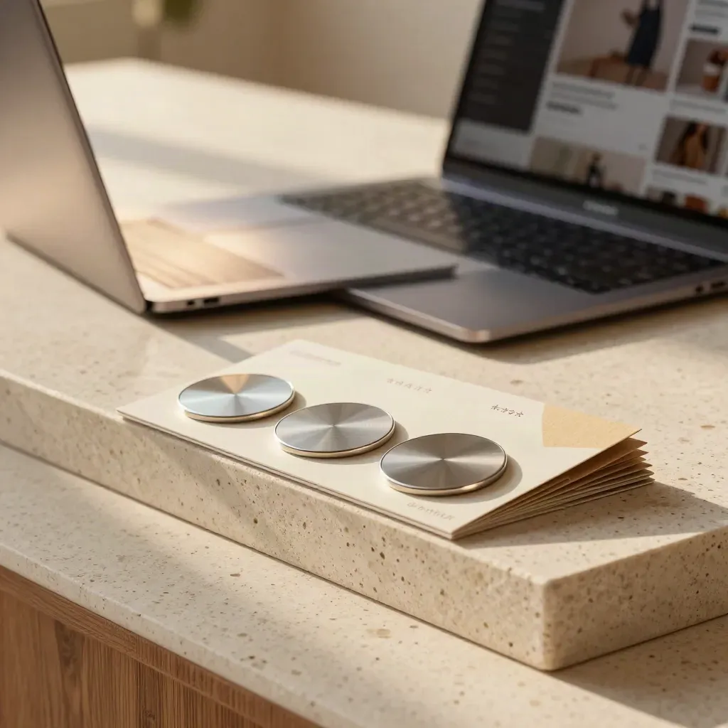 Laptop, badge discs, and packaging samples staged on travertine in warm window light
