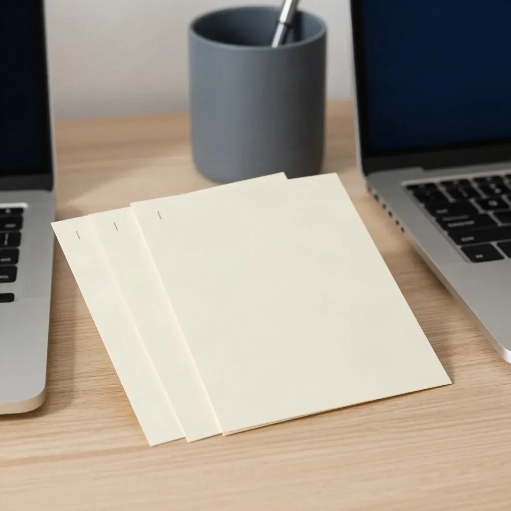 Minimal reply cards fanned beside a laptop and pen cup on a pale oak workstation