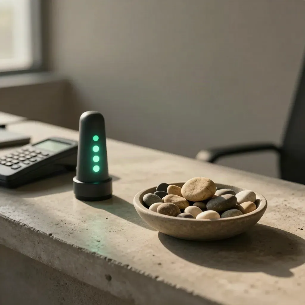Low-angle service desk with signal lamp, dark phone and pebble bowl, mint alert glowing
