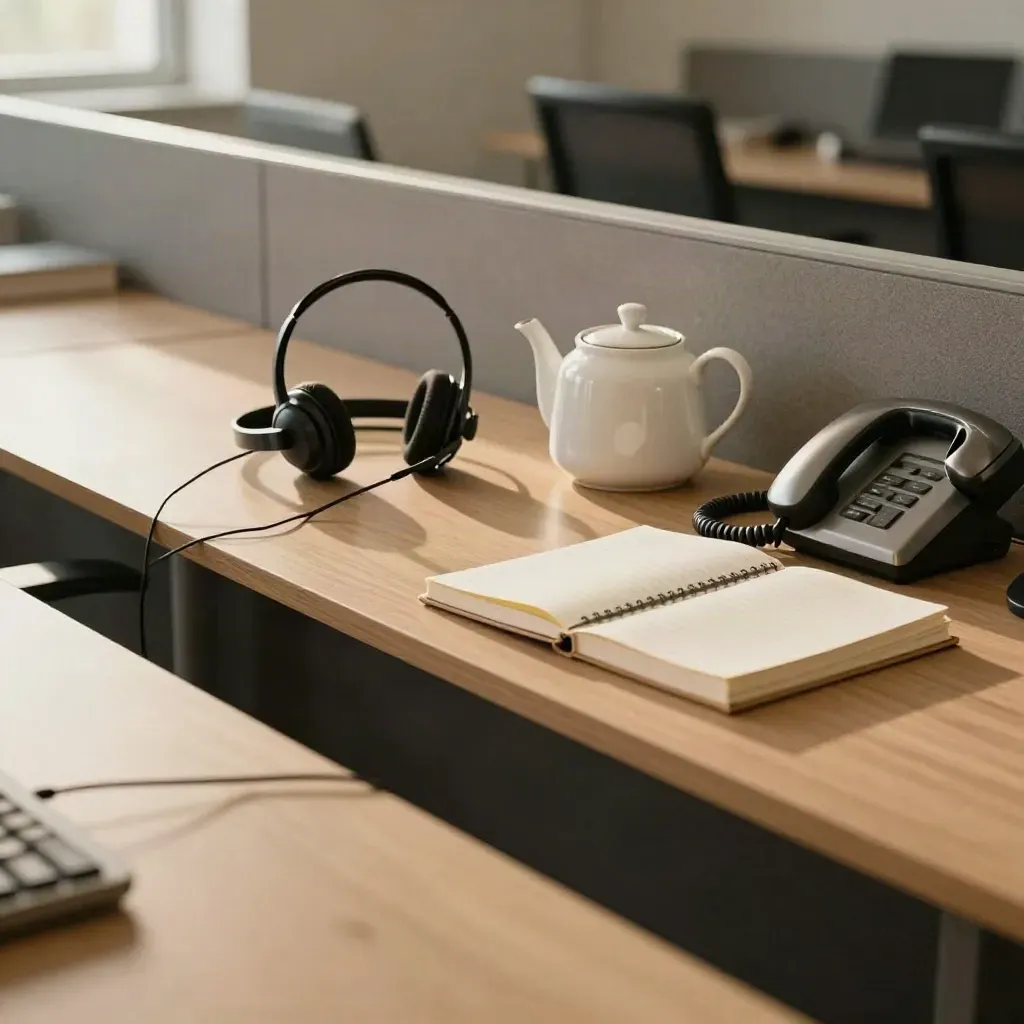 UK support desk with headsets, teapot and notebooks in warm morning light