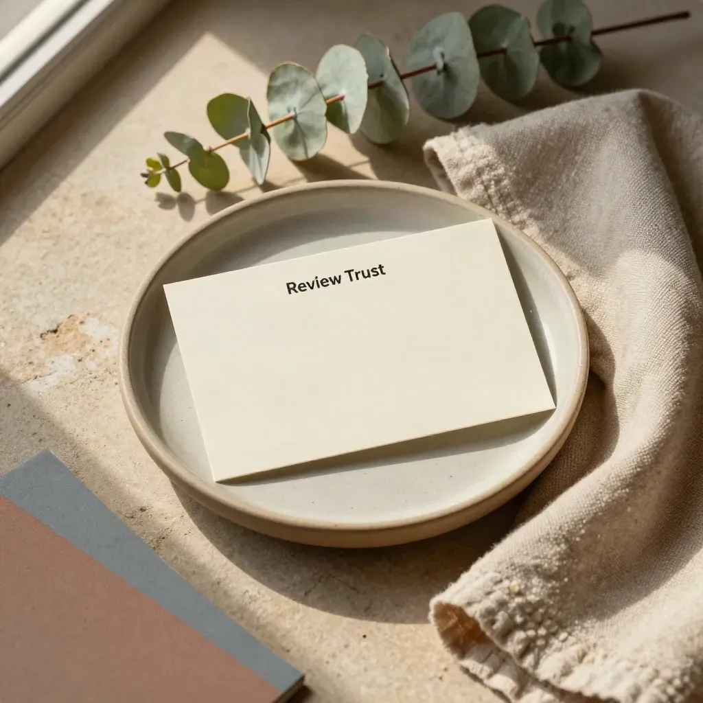 Overhead still life of request cards in a ceramic dish with eucalyptus and folded cloth on stone