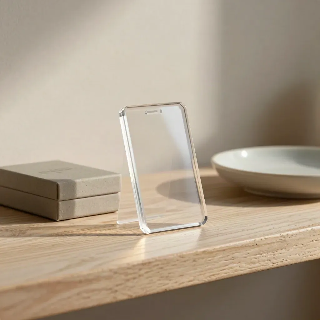 Stacked acrylic trust badges, sample box and ceramic dish on bleached wood shelf.